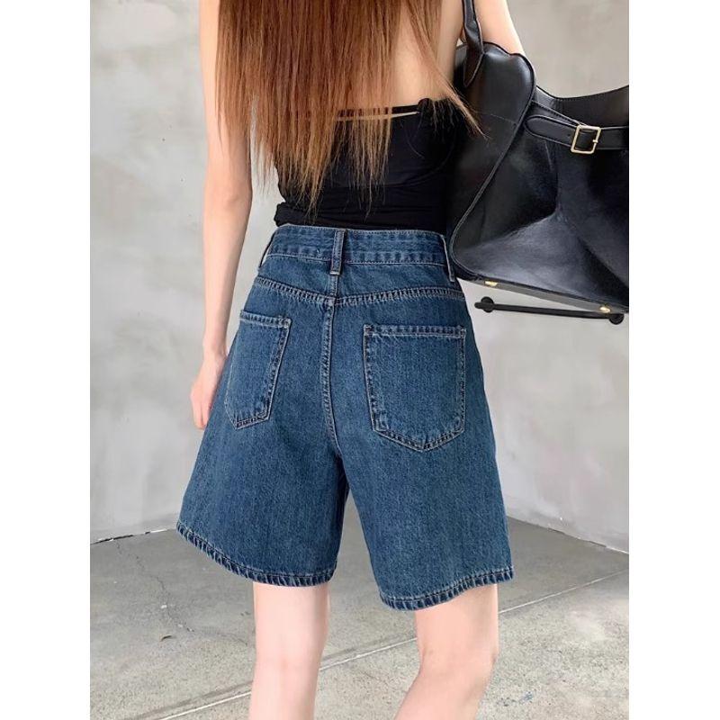 Kumikumi Retro Washed Distressed Jeans Women Summer New Versatile Loose Straight Pants Wide Leg Pants Shorts