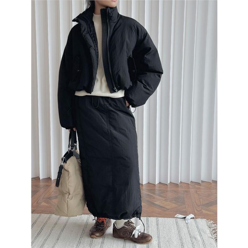 Johnature Winter Korean Skirts Women Casual Versatile Loose Warm Simple Cotton Slits Elastic Waist Skirt