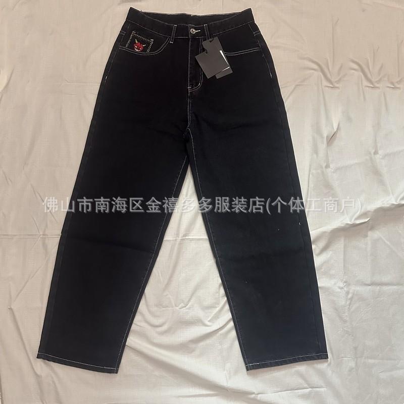 Mens Oversized Straight Fit Denim Pants With Embroidered Angel Devil Design Hip Hop Streetwear