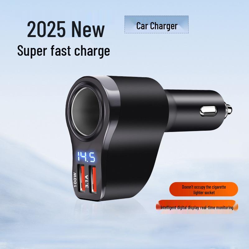 100W Dual USB Car Charger with Digital Display and One-to-Two Extension