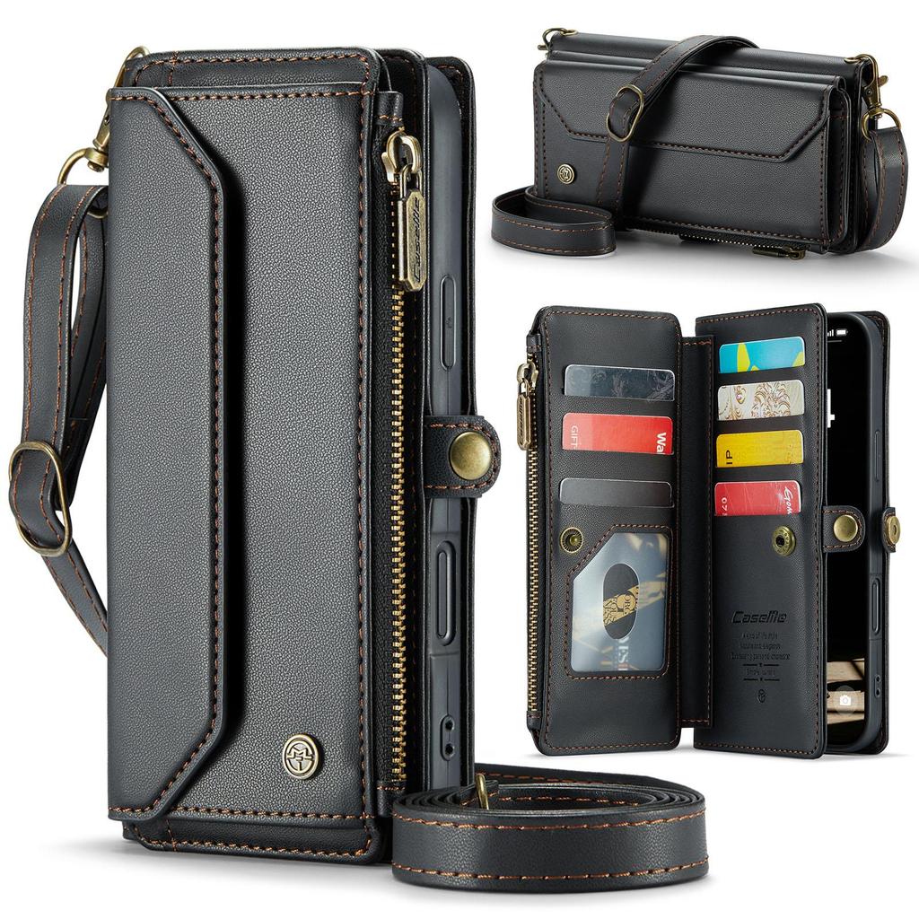 CaseMe (C36) Crossbody Wallet Case For iPhone 13 14 15 16 Pro Max Zipper Wrise Multi-functional Flip PU Leather Card Slots Holder Cover Protector