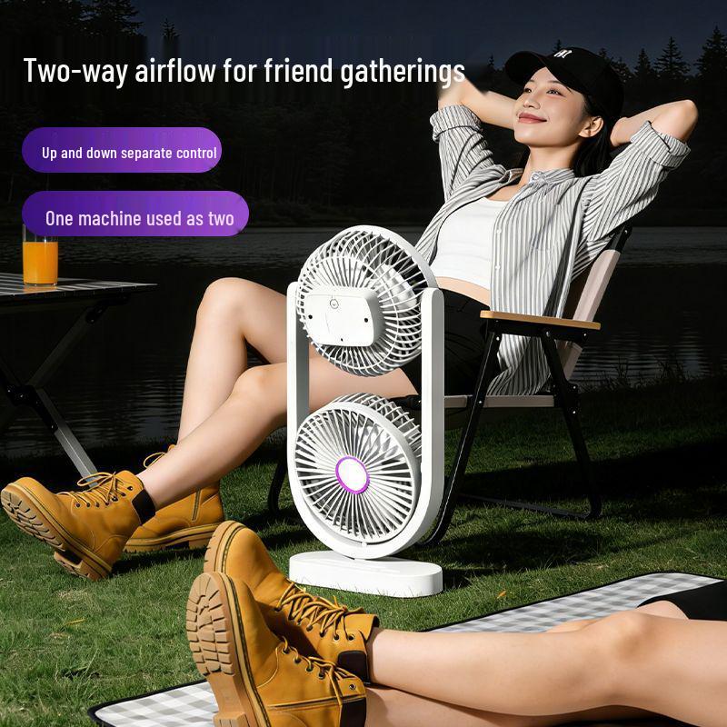 Double-Head USB Desk Fan & Lamp: 5-Speed, Rechargeable for Indoor/Outdoor