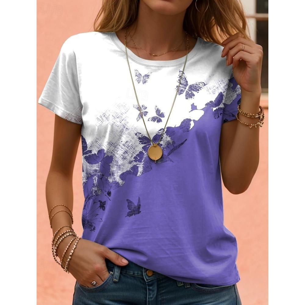 Fashionable summer butterfly diagonal seam 3D printed T-shirt for women's street leisure Harajuku T women's round neck T-shirt clothing