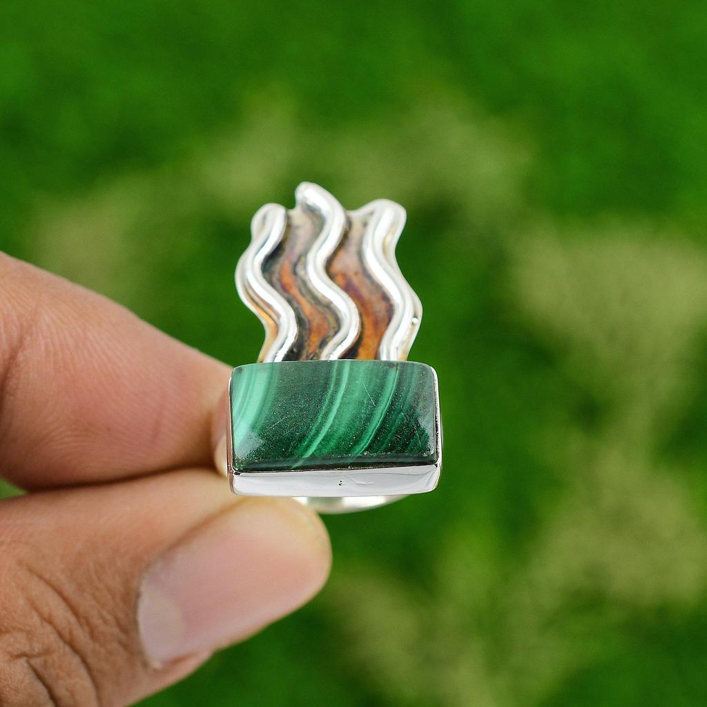 Gift For Her 925 Silver Natural Russian Malachite Promise Ring Size 6.75