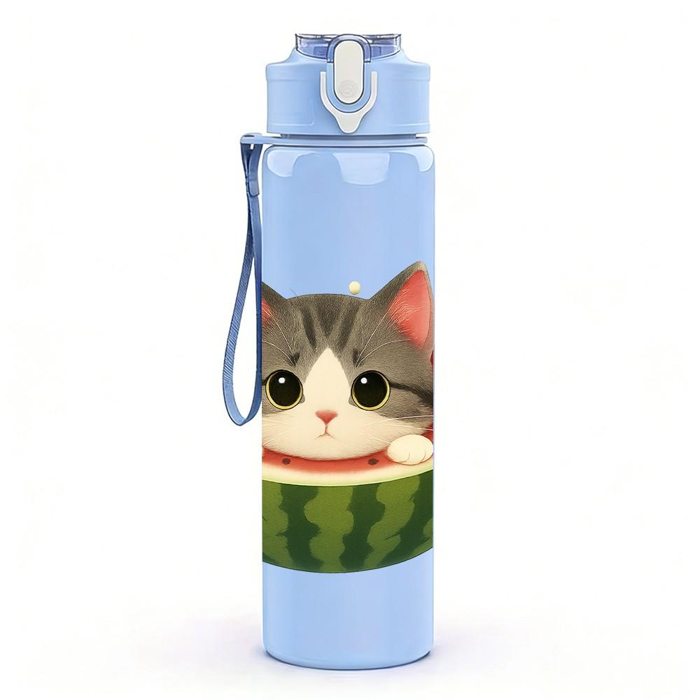 1PC Cat Inside Watermelon Fruit Pattern 750ml Color Plastic Sports Water Bottle Leakproof Flip Straw Lid Suitable for Sports Office Home Use
