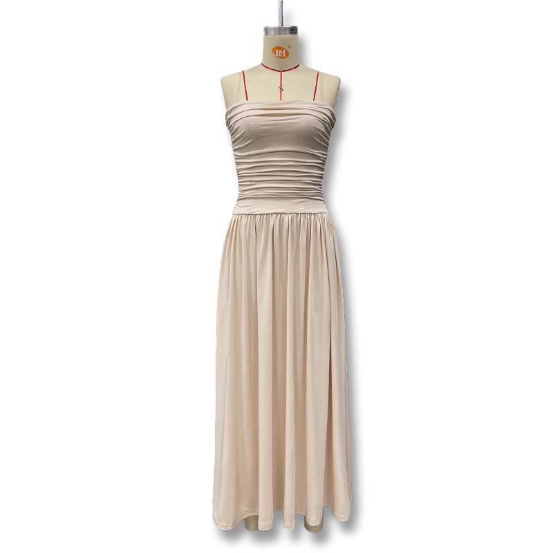 Abito Maxi Donna Senza Spalline a Tubo Vita Arricciata Colore Unico Svasato Lunghezza Pavimento Estivo Casual Vacanza al Mare Abito Lungo