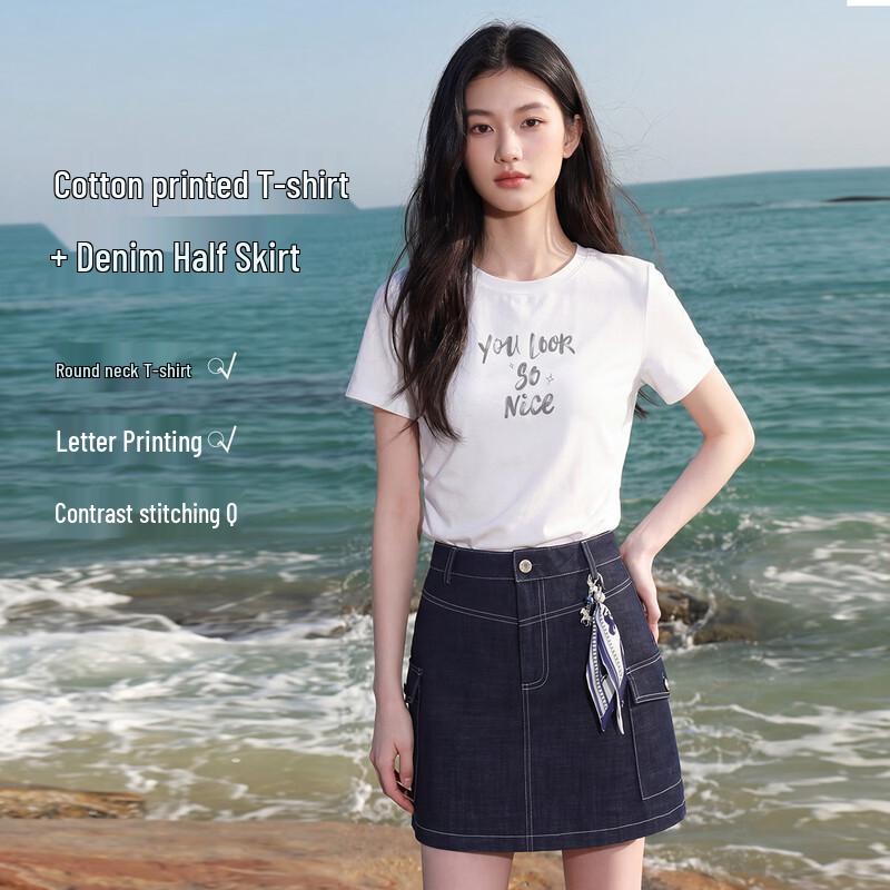 FivePlus Women s Korean Style Slim Fit T-Shirt & Denim Skirt Set S