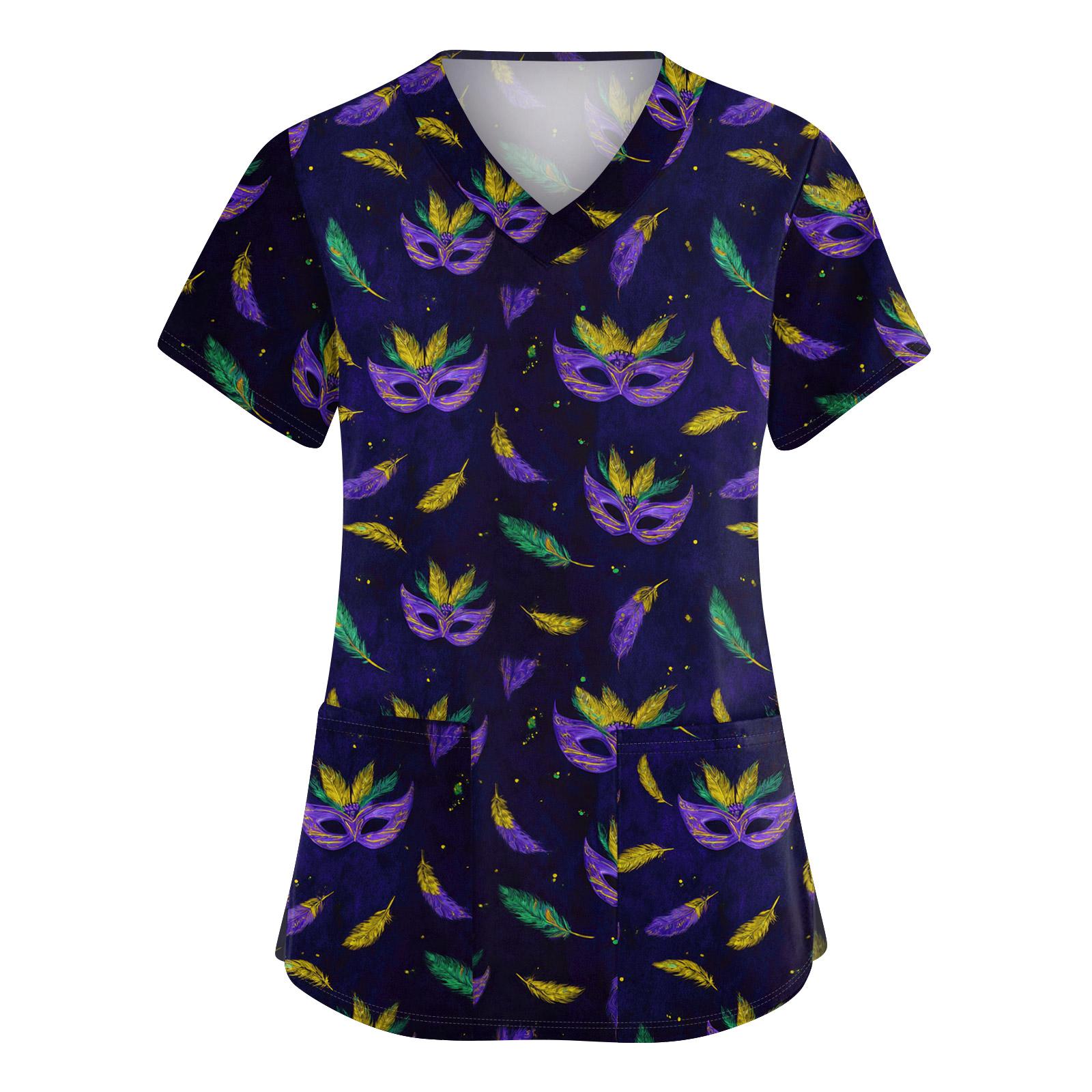 

Women s Cute Printed Work Clothes V-neck Double Layer Pockets Basic Short Sleeve Top Pullover XXL фіолетовий