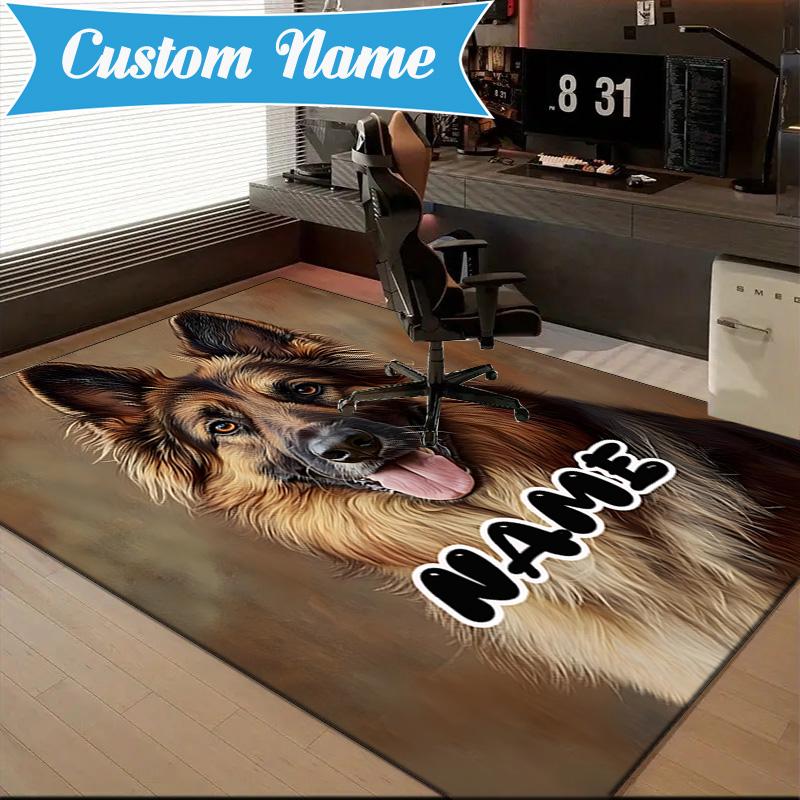 Custom Name German Shepherd Portrait Rug for Living Room, Game Rooms, Office, Bedroom, Floor Mat Playful Design, Fan Gifts Christmas Decor