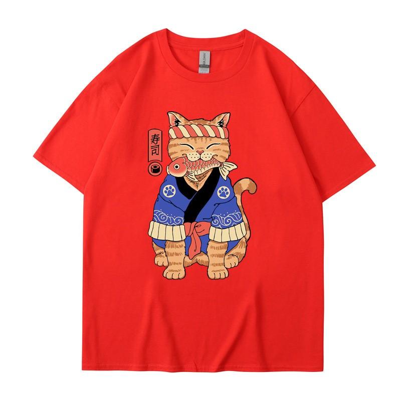 Japanese Harajuku Samurai Sword Cat T-Shirt Men Women Casual Tee Clothes Cotton Summer Tops Breathable T-Shirts