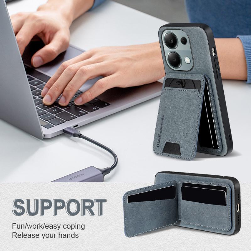 Solid Color Leather Wallet Card Slot Bracket Phone Case For Xiaomi 14T 13T 11T Pro Redmi Note 14 14C 13 13C 12 11 10 S Pro Cover