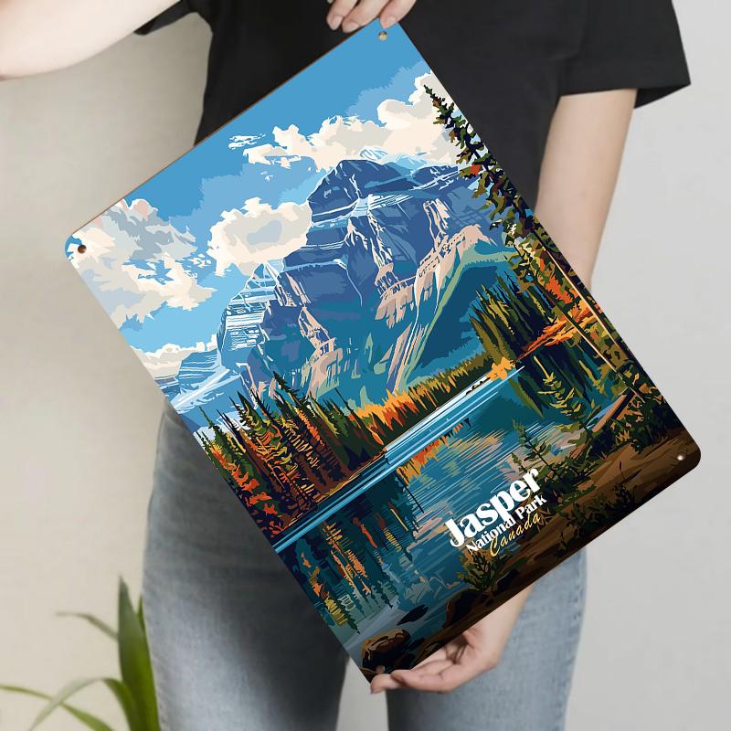 

Jasper National Park Canada Vintage Metal Wall Art Mountain Lake Forest Scenery Decor for Home Office 20x30cm（7.8x11.8inch）