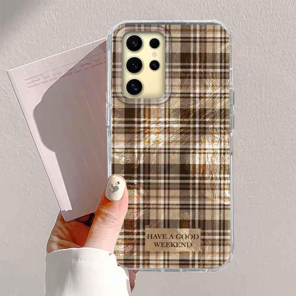 Winter Brown Lattice Grid Pattern Women Gilrs Phone Case for Samsung Galaxy S25 S24 S23 S22 S21 S20 FE Plus Ultra Shell Cover
