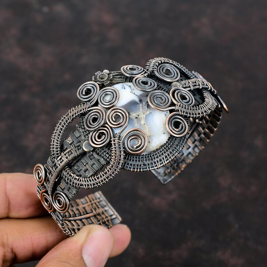 Dendrite Opal Cuff Bracelet Copper Wire Wrapped Adjustable Bangle Wire Wrap Gemstone Cuff Bracelet Copper Jewelry Handmade Bangle For Gifts