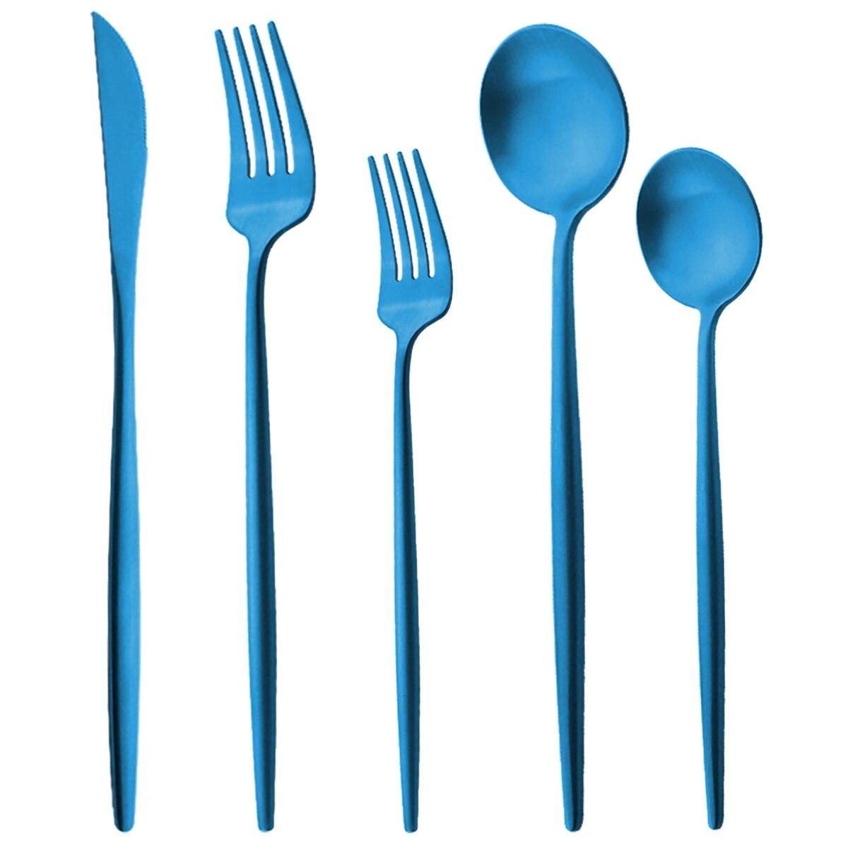 

5 шт., матовая круглая ручка, серебро 18/10, набор столовых приборов из нержавеющей стали, нож, вилка, ложка, посуда, набор столовых приборов синий