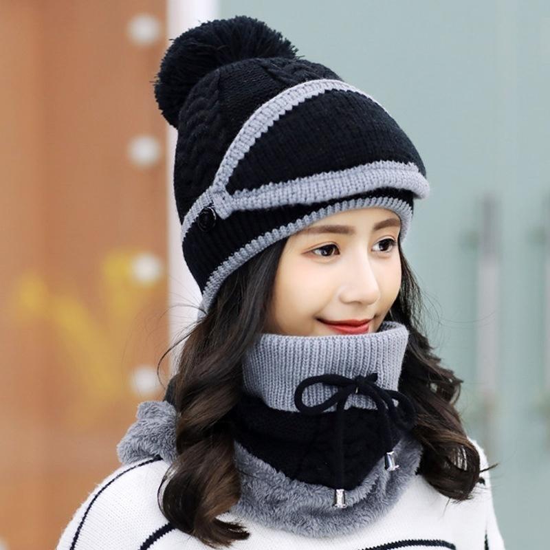 Winter Hat Scarf Mask Fur Warm Beanies Pompoms Winter Snow Ski Hats Knitted Caps Scarf Set Fashion Warm Accessories