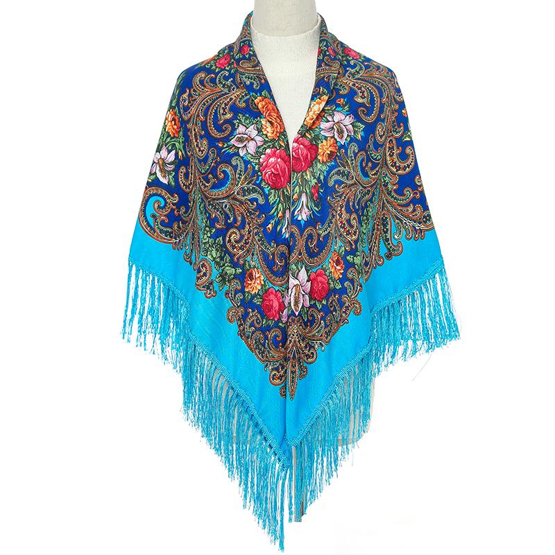51*51In Square Women Scarf Shawl Ukrainian Embroidery Retro Fringed Cotton Print Scarves Hijab Wraps Russian Cape Bandana