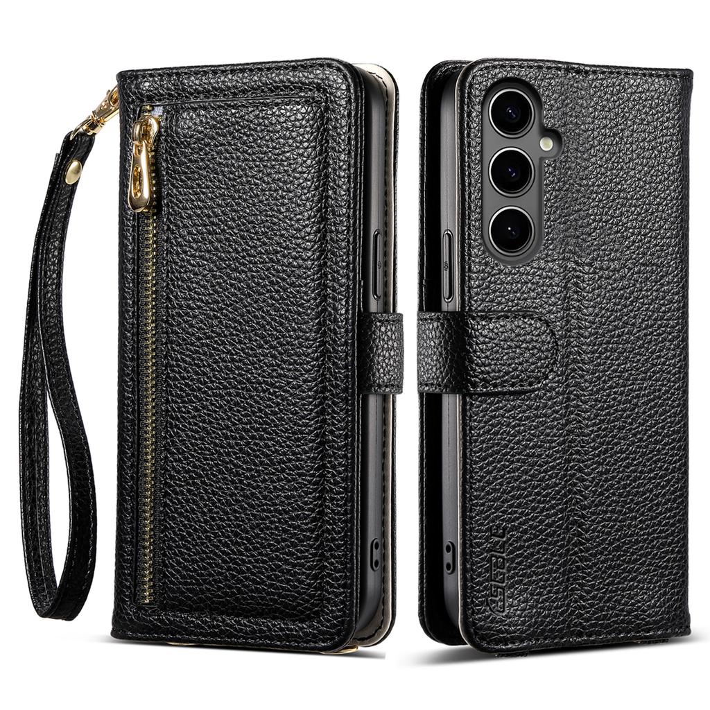ESEBLE E11 For Samsung Galaxy A25 5G (Global) (161.0mm) Case Zipper Pocket Litchi Texture Leather Phone Cover with Mirror and Wrist Strap