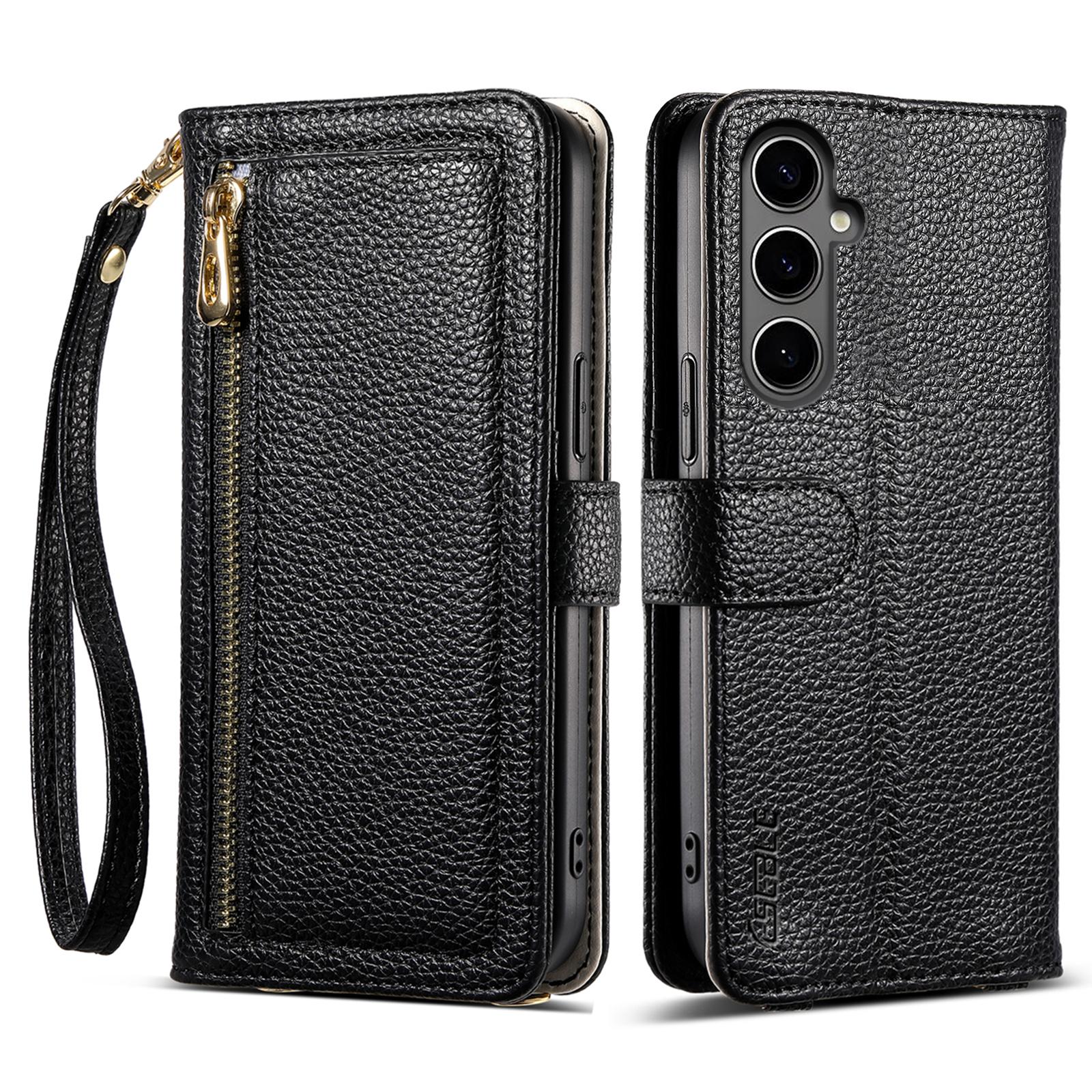 

ESEBLE E11 For Samsung Galaxy A25 5G (Global) (161.0mm) Case Zipper Pocket Litchi Texture Leather Phone Cover with Mirror and Wrist Strap Black