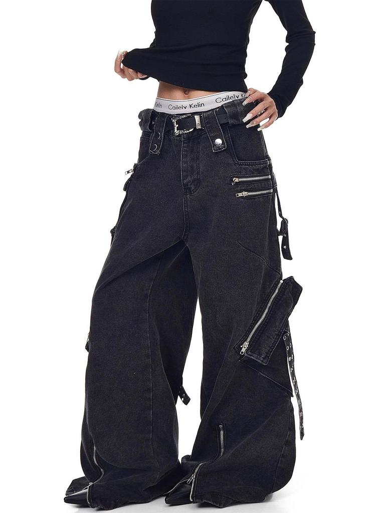 Jeans in Denim Punk Gamba Larga Y2K: Abbigliamento da lavoro resistente, multitasche per uomo e donna