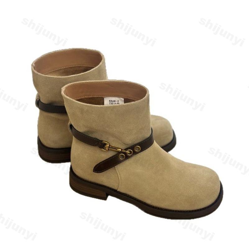 Fashion Women Belt Buckle Knight Boots 2025 Autumn New Vintage Platform Denim Boots Height Increase Non Slip Wear-resistant Short Boots