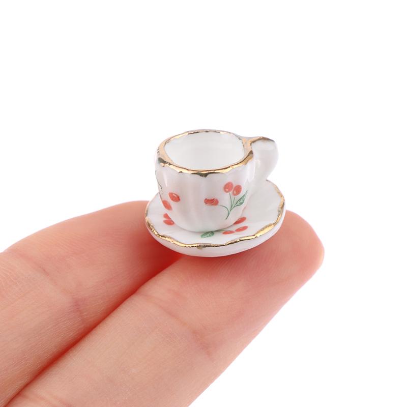 1Set/2Pcs 1:12 Dollhouse Miniature Cherry Ceramic Cup Saucer Kitchen Tableware Model Decor Toy Doll House Accessories