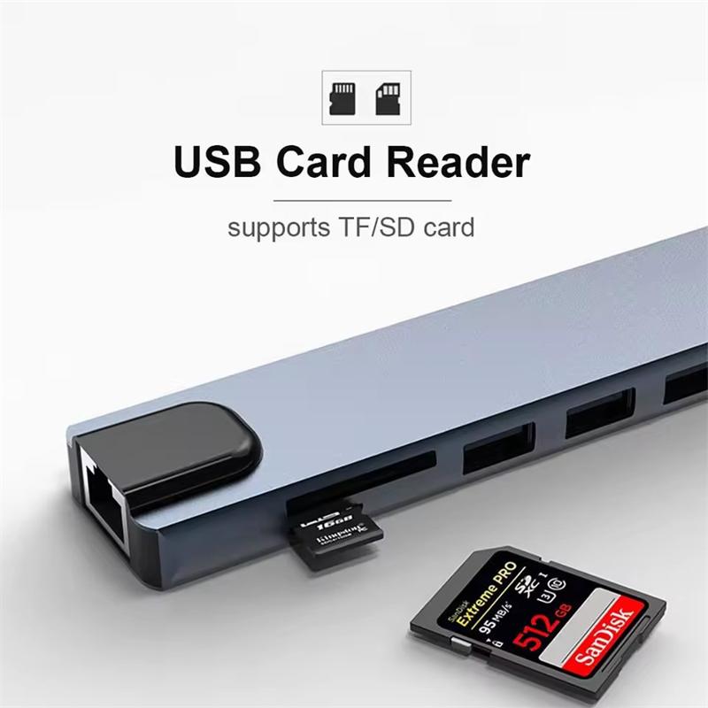 8-in-1 USB-C Hub Typ C Erweiterung HDMI-kompatibler Adapter Laptop-Konverter mit RJ45 SD-Kartenleser PD Schnelllader für Macbook