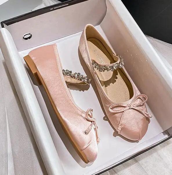 Fashion Elastic Rhinestone Band Mary Janes Woman Bowtie Silk Ballets Shoes Ladies Round Toe Flats Female Loafers Wedding Brides Shoes