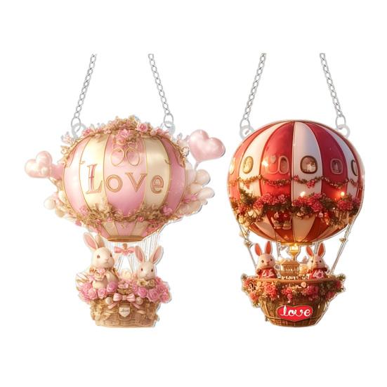 Ornament Agățat Love Acrilic 2D Balon cu Aer Cald și Iepurași Pandantiv Decor Romantic de Ziua Îndrăgostiților pentru Mașină Casă Ușă Fereastră Perete