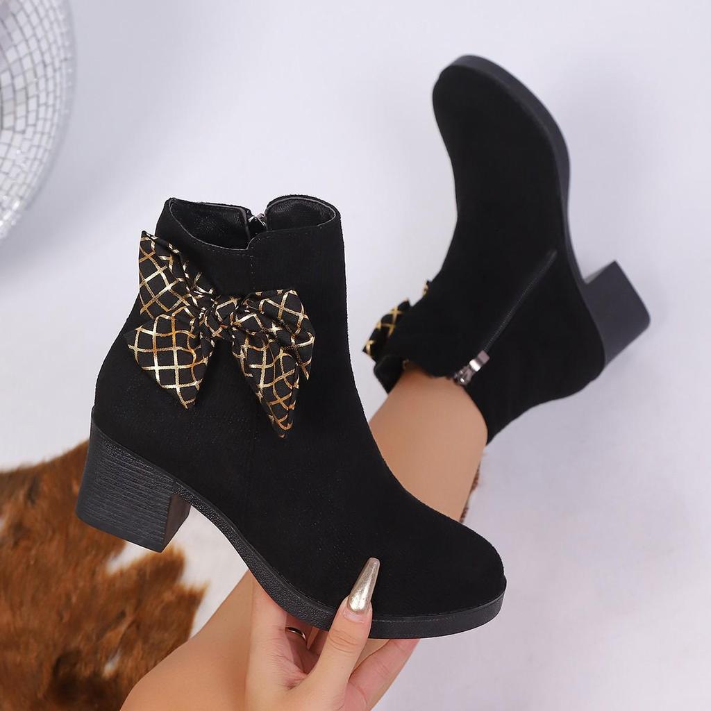 Women's Black Suede Plaid Bow Ankle Boots with Chunky Mid Heel and Side Zipper for Autumn/Winter