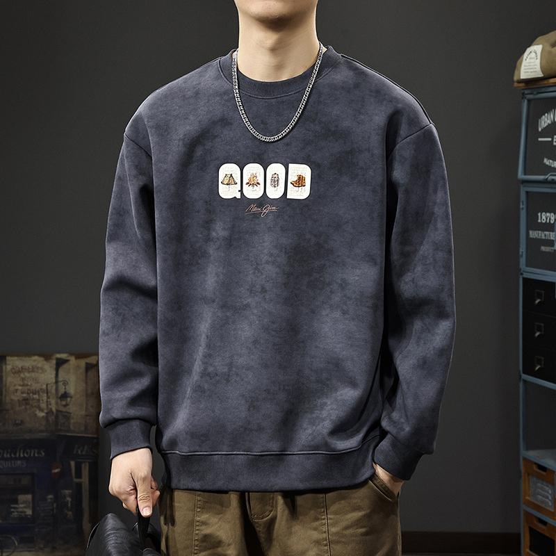 

Осенний американский ретро-толстый стираный свитер, мужской модный брендовый повседневный топ с принтом, свободная круглая горловина, внутренняя нижняя часть рубашки 4XL темно-серого