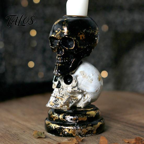 Candle Holder with Halloween Theme Stacked Skull Holder, Pillar Stand, Retro Spooky Tealight for Gothic Home Indoor Table Decor Decorative