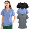 3PC Women's Fashion Solid Short Sleeve V Neck Pattern Tops Pocket Working T-shirts