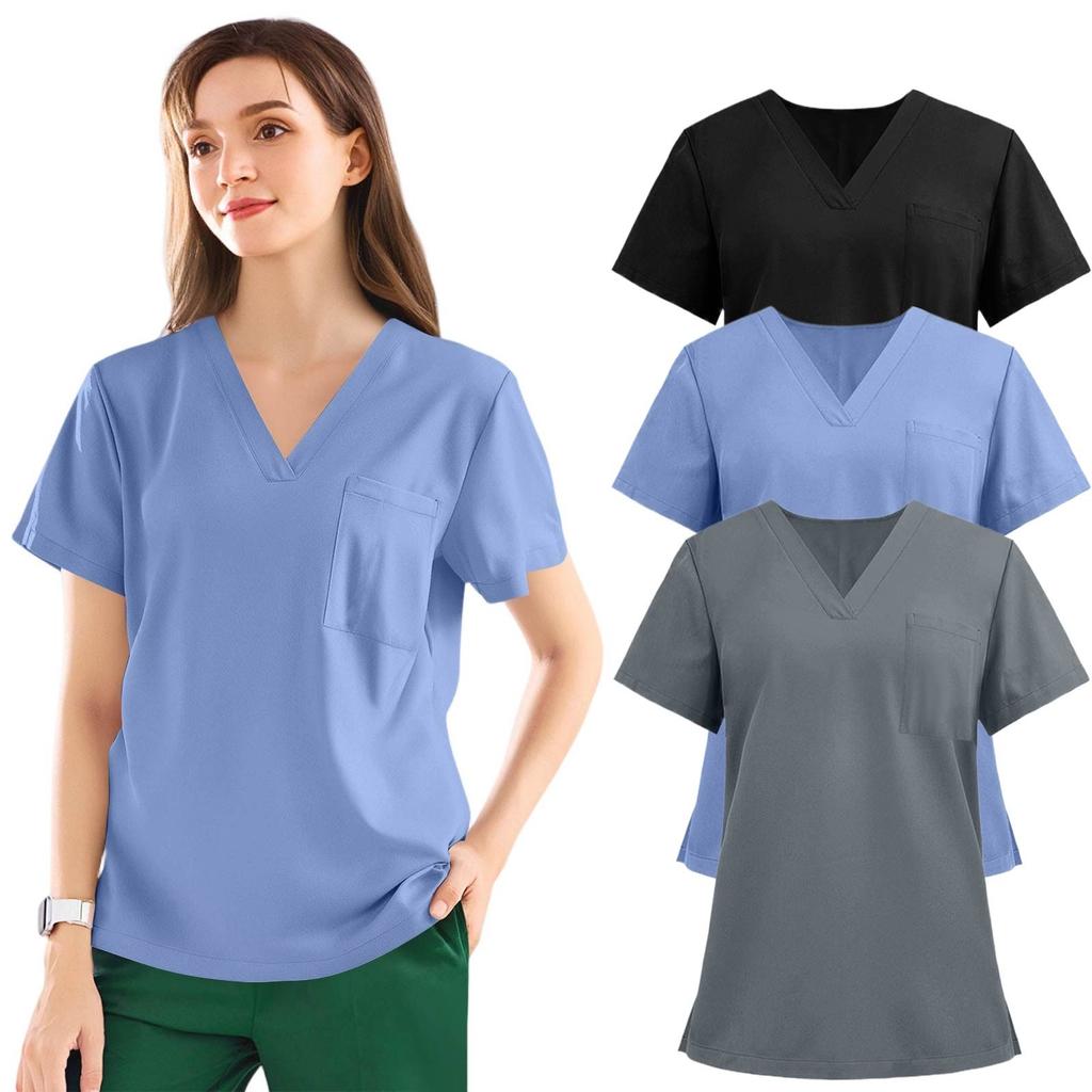 3PC Women's Fashion Solid Short Sleeve V Neck Pattern Tops Pocket Working T-shirts