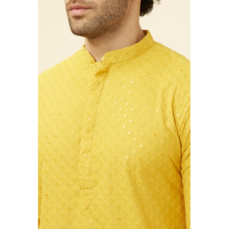 Manyavar Men's Blended Cotton Embroidered Full Sleeves Casual,Traditional Kurta & Payjama Set (Mustard, L)