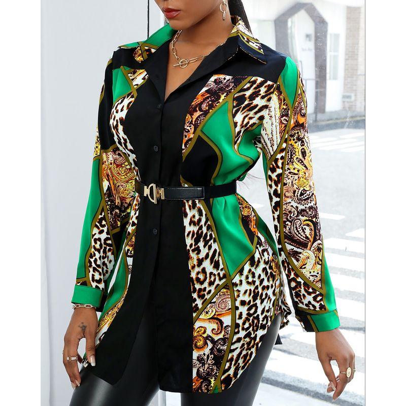 

Polo Single-Breasted Green Leopard Print Stitching Long-Sleeved Shirt Green XL