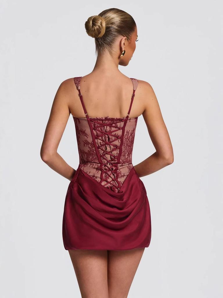 Lace Patchwork Backless Bodycon Dress with Waist-Cinched Tie-Up Camisole