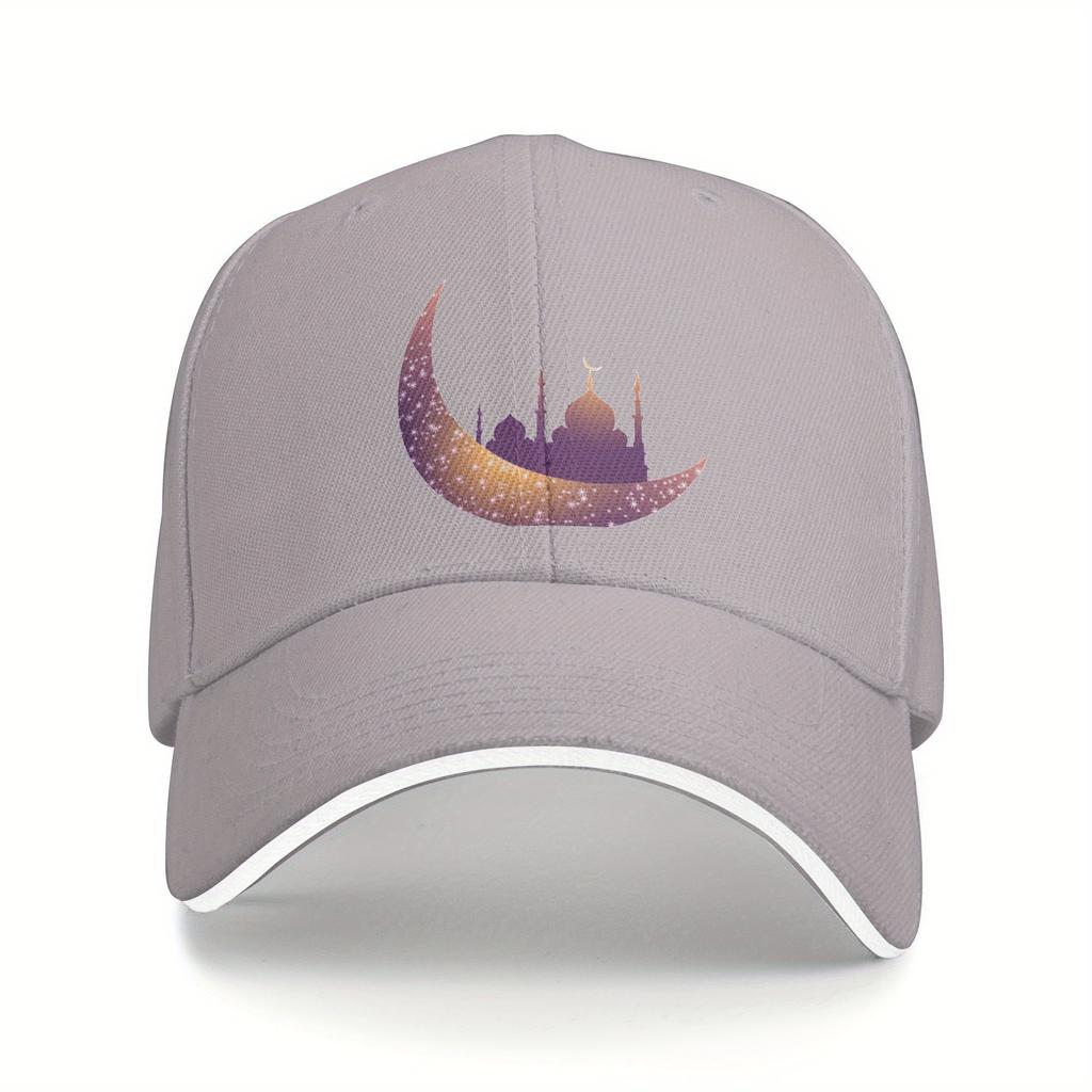 Islamic Crescent Moon Mosque Silhouette Baseball Cap Adjustable Polyester Casual Muslim Hat for Men and Women