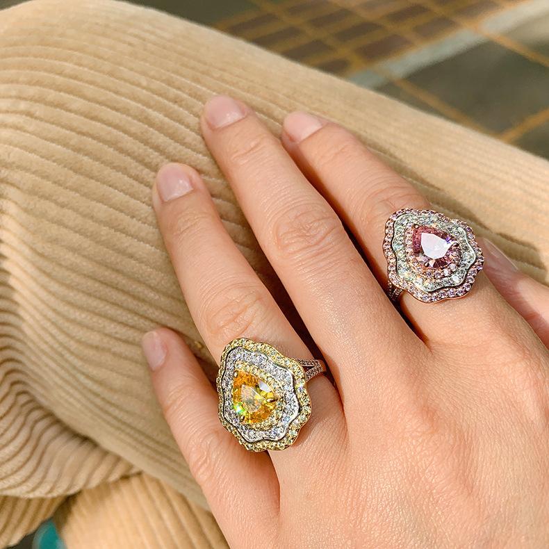New Pink Ring With Micro Inlaid Pear Shaped Colored Jewelry Retro Exaggerated Zircon Female