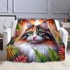 Calico Cat Surrounded By Leaves. Pattern Blanket Flannel Material Soft Warm for All Seasons, Home Outdoor Camping Picnics RV