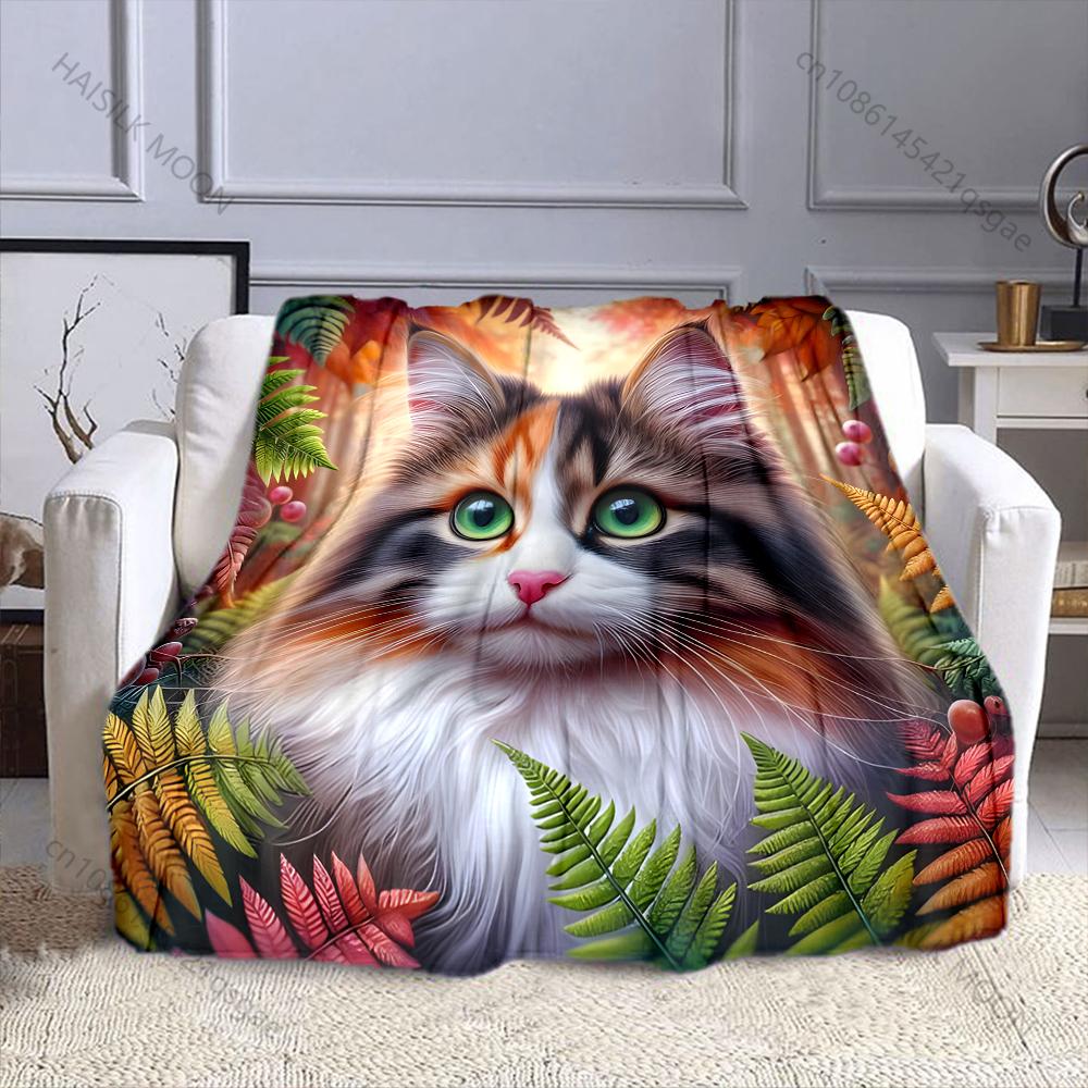 Calico Cat Surrounded By Leaves. Pattern Blanket Flannel Material Soft Warm for All Seasons, Home Outdoor Camping Picnics RV