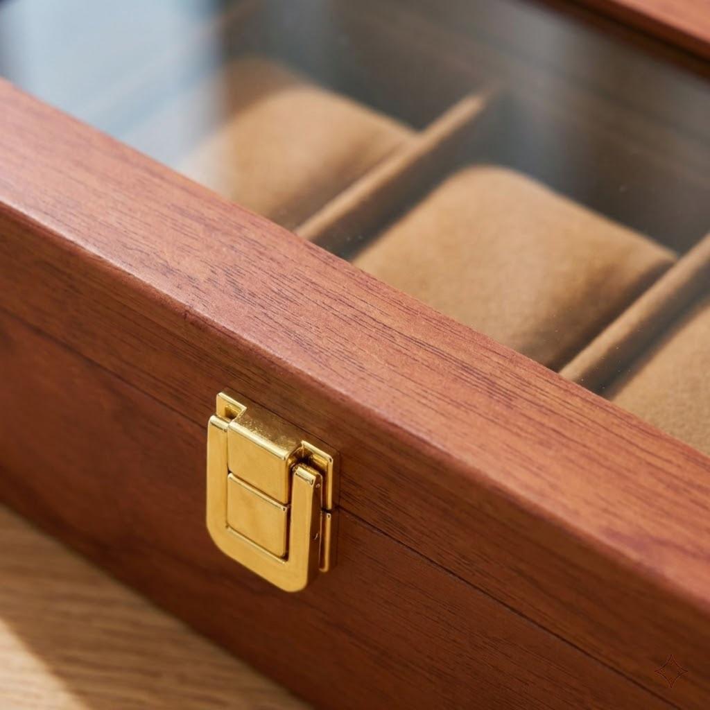Wooden Watch Case For Men Collection 6 Compartments Display Organizer Box With Clear Glass Viewing Lid And Removable Pillows