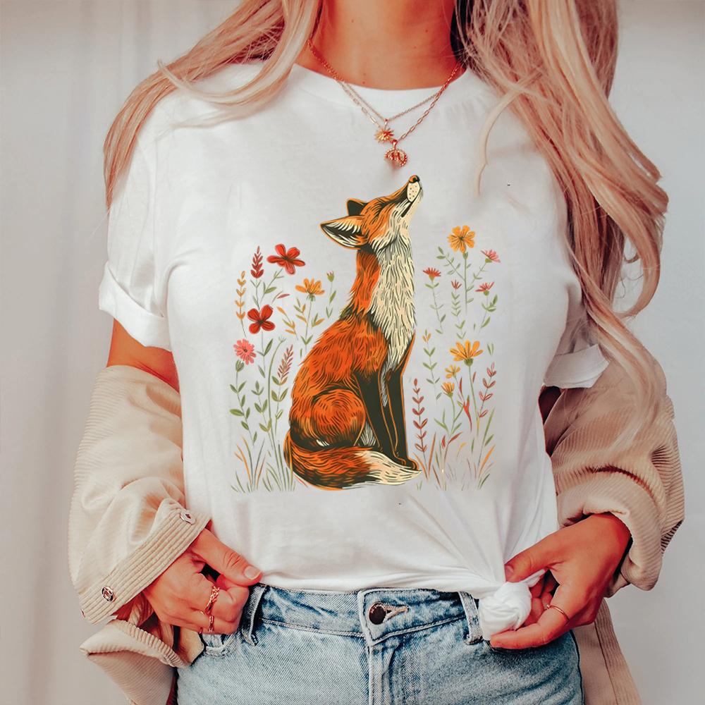 Vintage Wildflower Fox Comfort Shirts Light Academia Cottagecore Forestcore Whimsical Shirt Casual Daily Y2K Top Streetwear