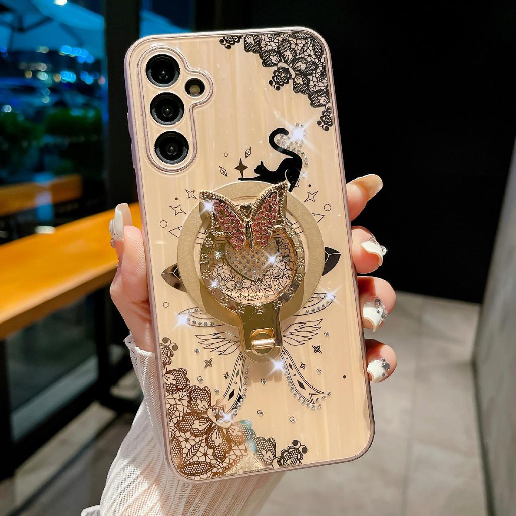 For Samsung Galaxy A54 5G Magnetic Case Rhinestones Decor Kickstand Cat Pattern TPU+PC Phone Cover