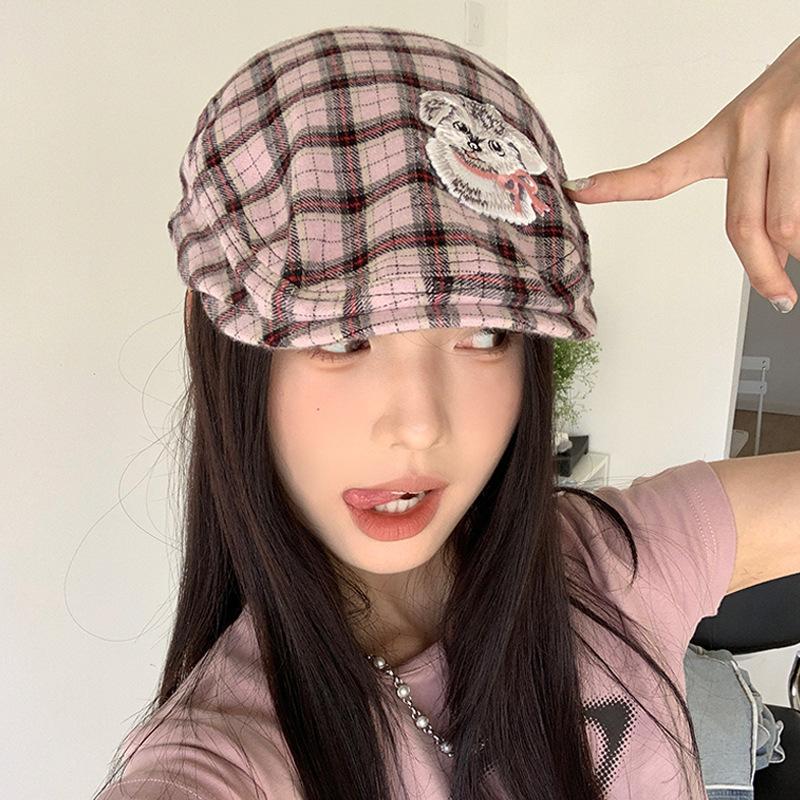 Reverse Fashionable Beret Hat For Women In Pink Plaid Perfect For Casual Outings