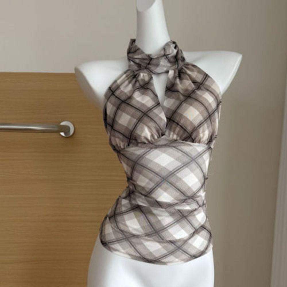 Pleated Halter Sleeveless Camisole Plaid Stripe Suspender Vest Sweet Slim Crop Tops  Women Girl