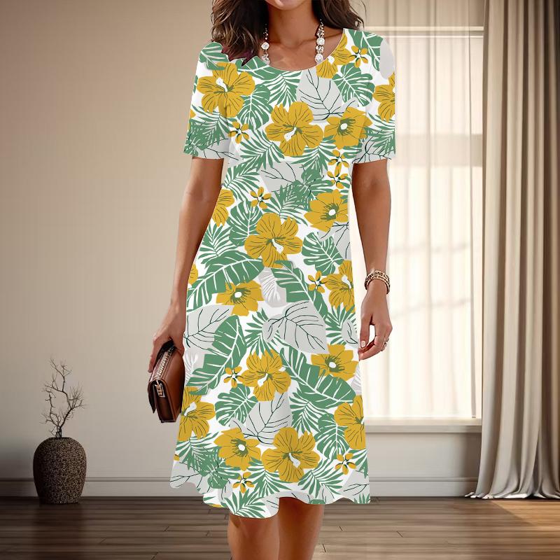 Women's Fashion Graceful Bowknot Print Summer Spring Short Sleeve O-Neck Casual Dresses