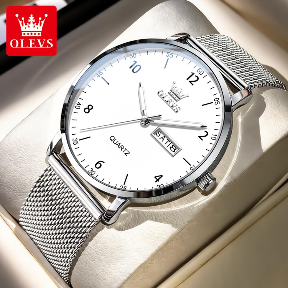OLEVS Original Quartz Watches for Men Minimalist Mesh Steel Strap Men's Watches Dual Calendar Waterproof Luminous Man Watch 2996