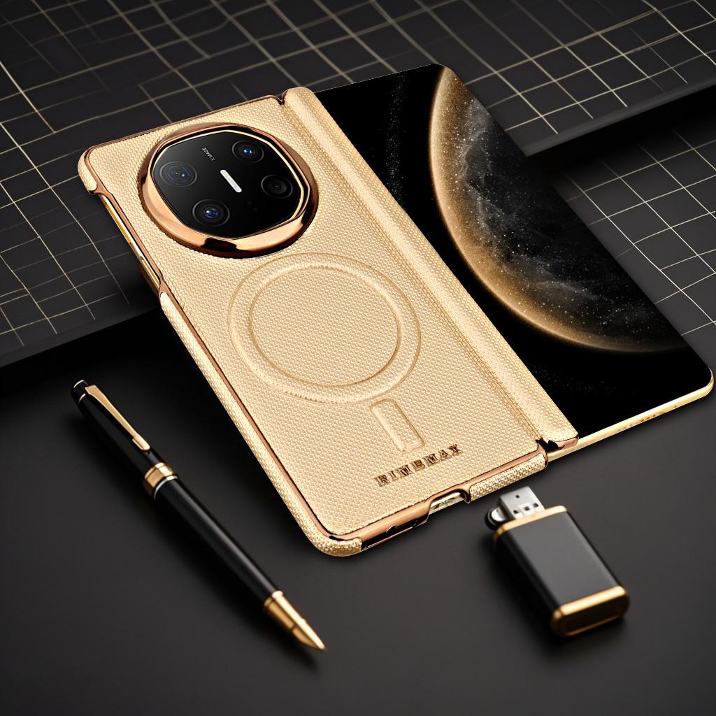 Luxury Skin Feel Textured Leather Case For Huawei Mate X6 X5 X3 Strong Magsafe Hinge Protection Straight-edged Arc Leather Cover