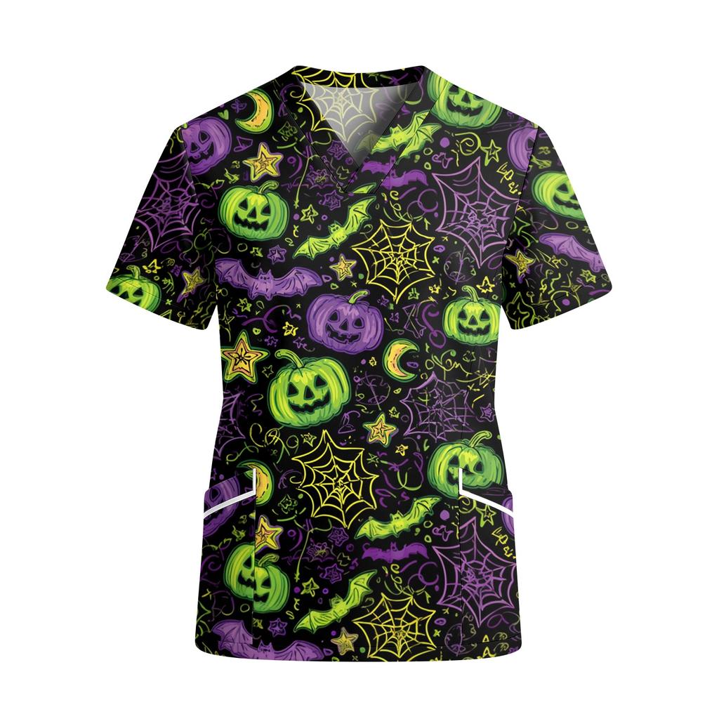Women's V Neck Short Sleeve Work Top with Pockets Halloween Print Medical Scrub Shirt for Healthcare Professionals Comfortable Fit